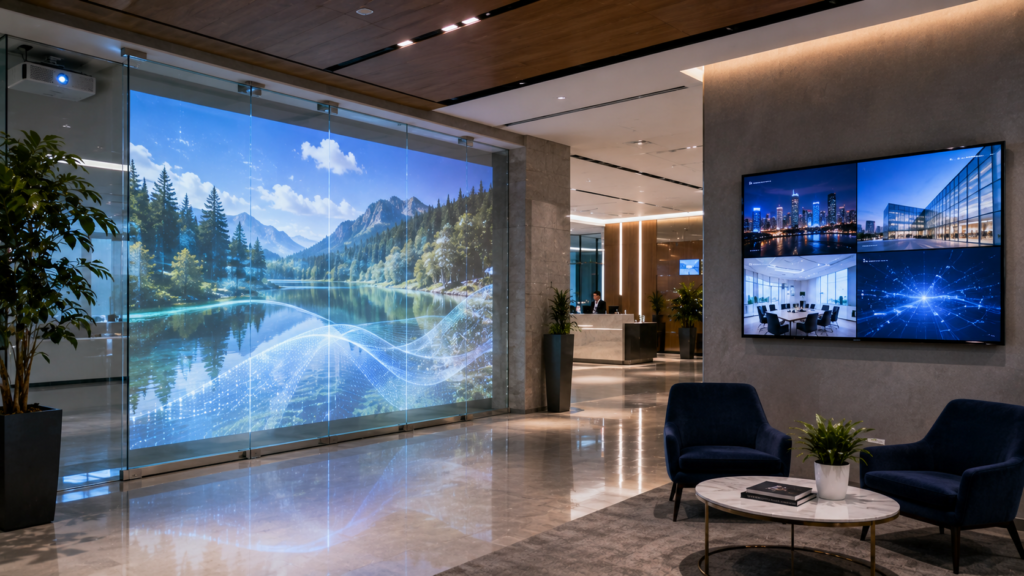 Commercial display films applied to glass and screens in a modern business lobby with rear projection and anti-glare visuals