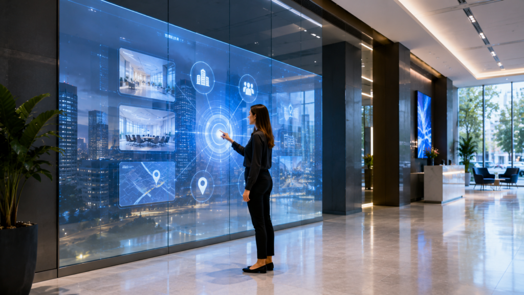 Interactive rear projection film on glass showing a touch-ready digital experience in a modern commercial space