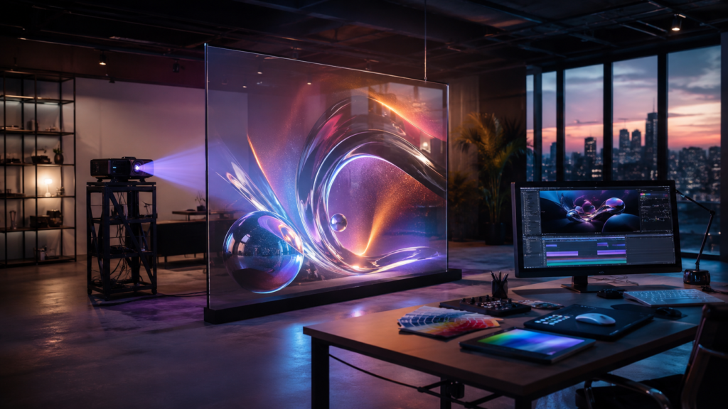 Rear projection film content design shown on a glass display with bold high-contrast visuals in a commercial space