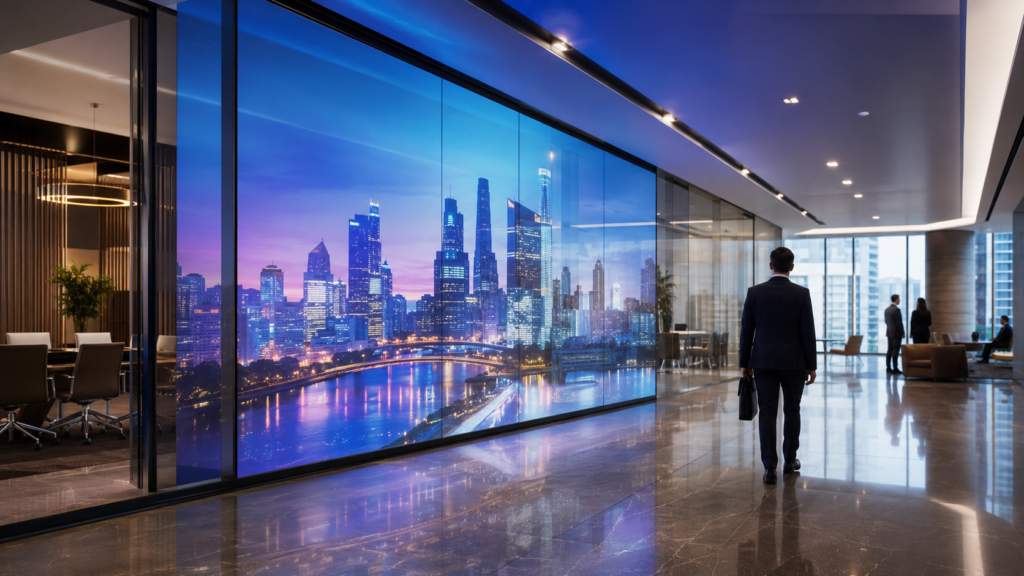 Rear projection film display on glass in a modern commercial lobby with projected digital visuals