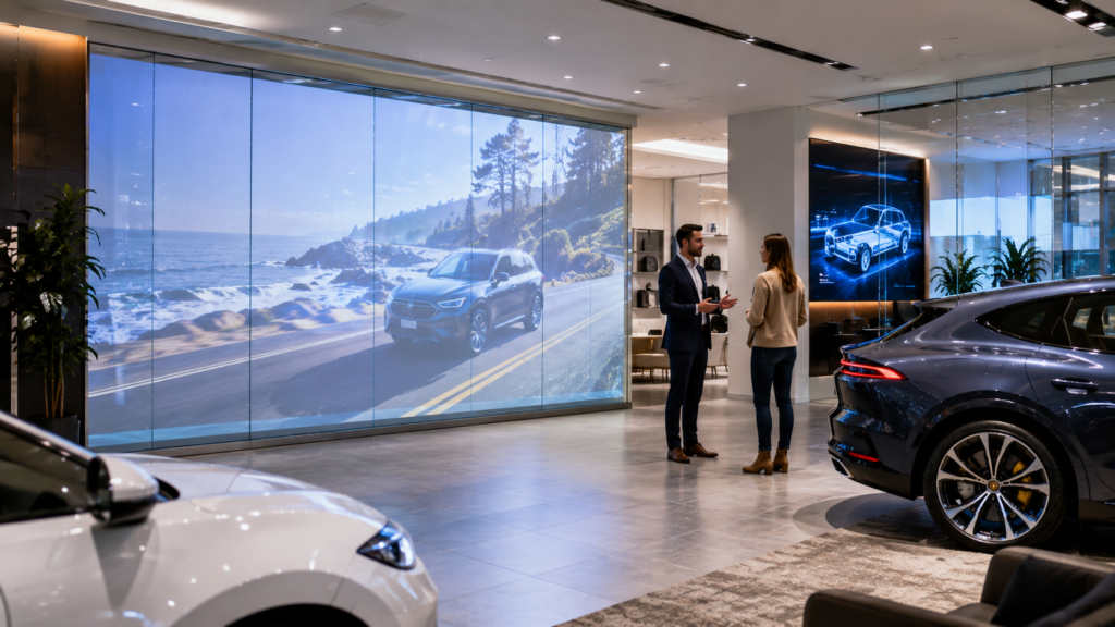 Rear projection film for car dealerships showing vehicle visuals on glass in a modern auto showroom