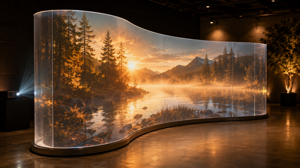 Rear projection film for curved glass showing digital visuals on a custom curved acrylic display
