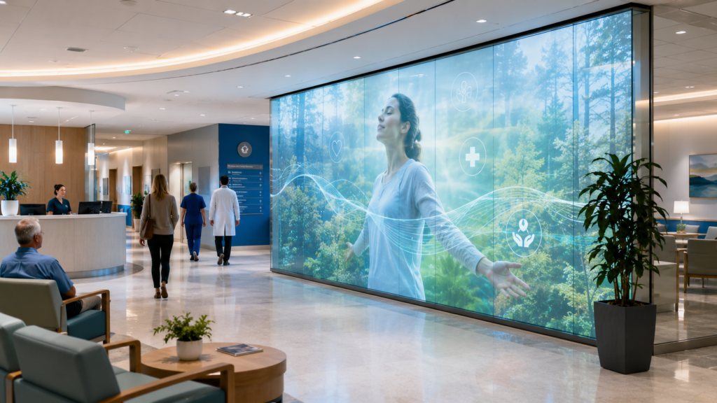 Rear projection film for healthcare facilities showing patient information on glass in a modern medical lobby