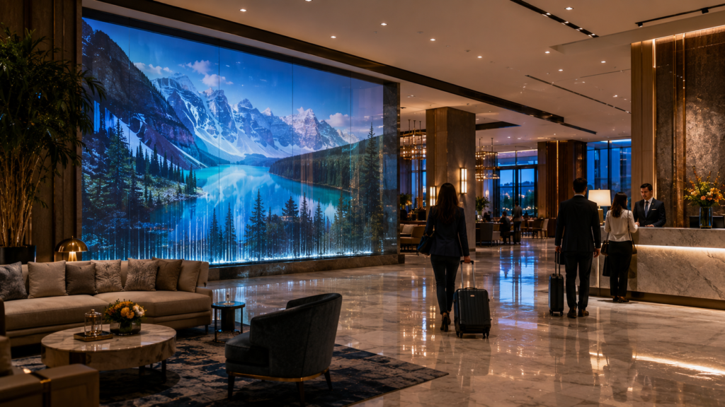 Rear projection film for hotels showing digital visuals on glass in a luxury hotel lobby