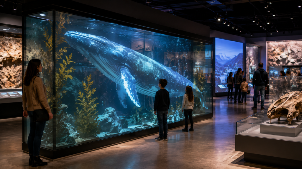 Rear projection film for museums displaying immersive digital exhibit content on glass in a modern gallery