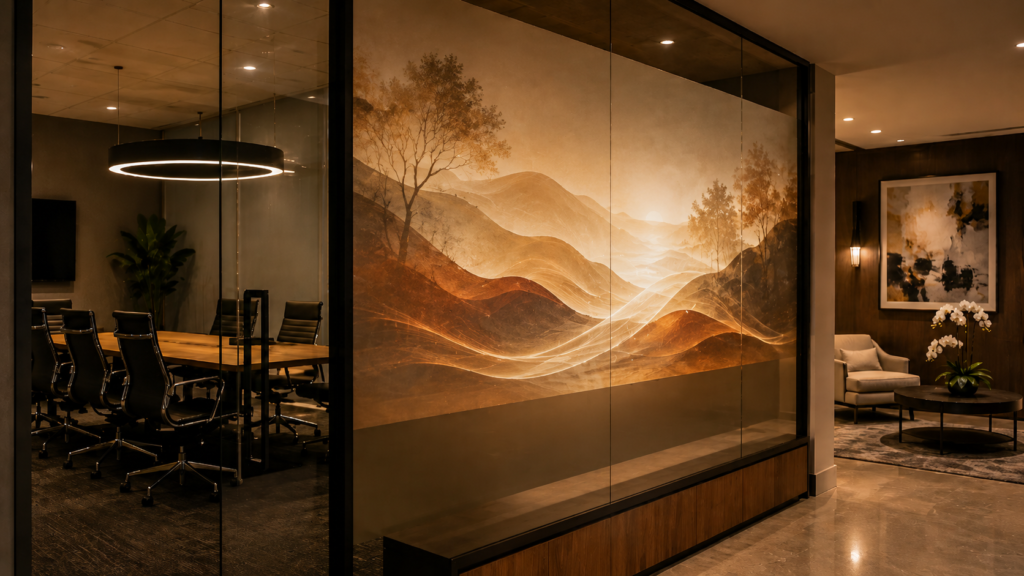 Rear projection film for privacy glass showing digital visuals on a modern interior glass partition