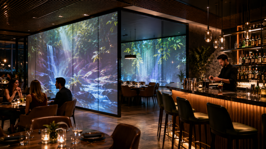 Rear projection film for restaurants showing digital visuals on glass in an upscale dining and bar space