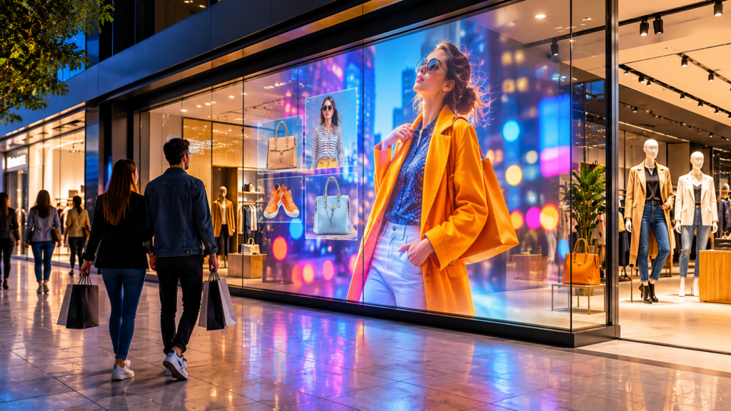 Rear projection film for retail storefronts showing digital product visuals on glass windows in a modern store