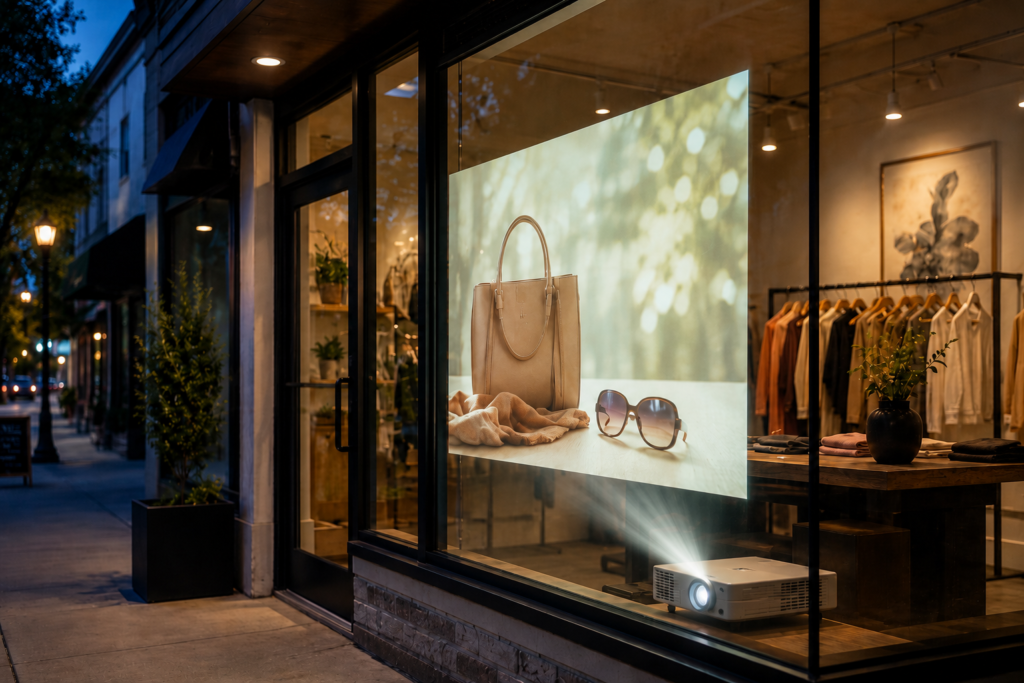 Rear projection film for small business storefront showing digital visuals on a window display