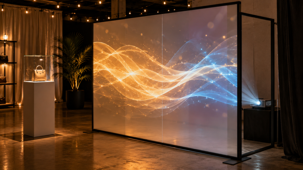 Rear projection film for temporary displays on acrylic panels in a pop-up event space