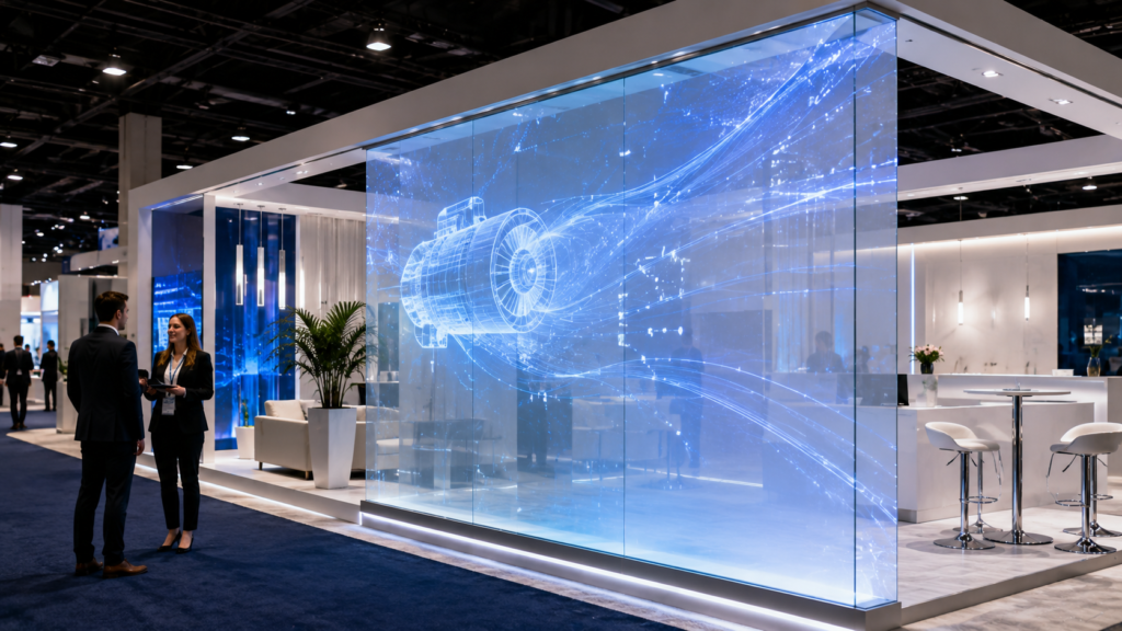 Rear projection film for trade shows displaying digital visuals on glass inside a modern exhibition booth