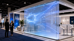 Rear projection film for trade shows displaying digital visuals on glass inside a modern exhibition booth