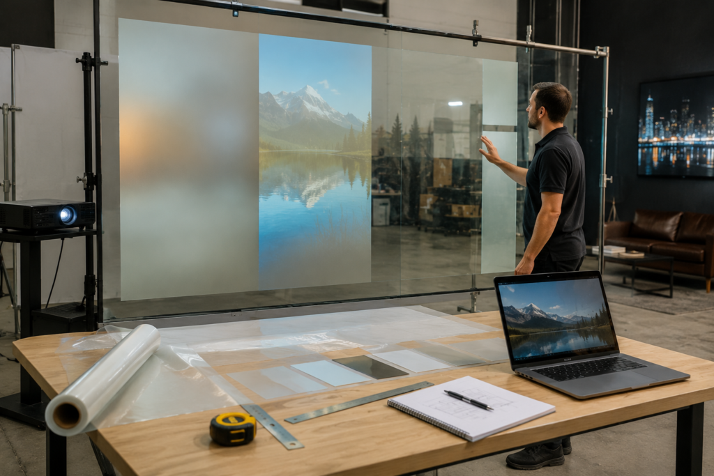 Rear projection film installation checklist showing glass projection setup planning in a commercial space
