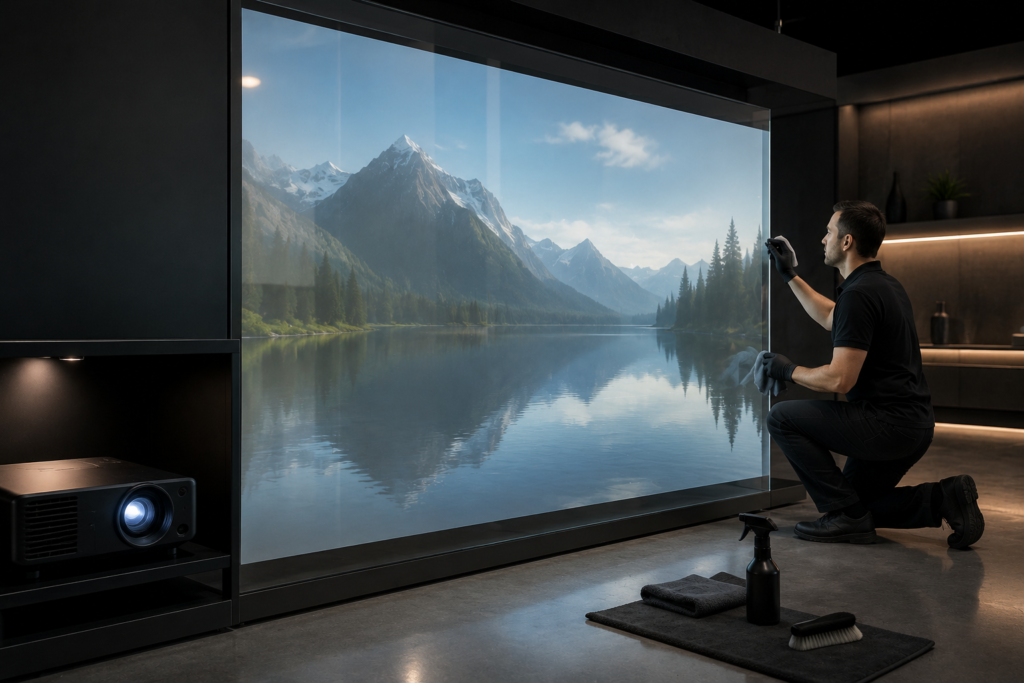Rear projection film maintenance showing clean glass projection display with projector and technician inspection