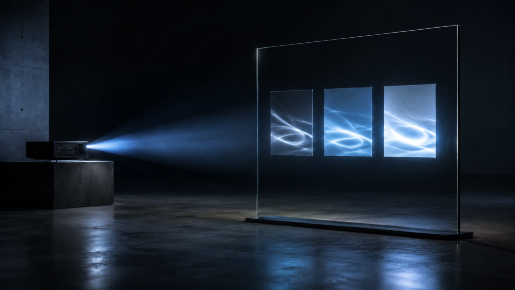 Rear projection film samples being tested on glass with a projector in a commercial display studio