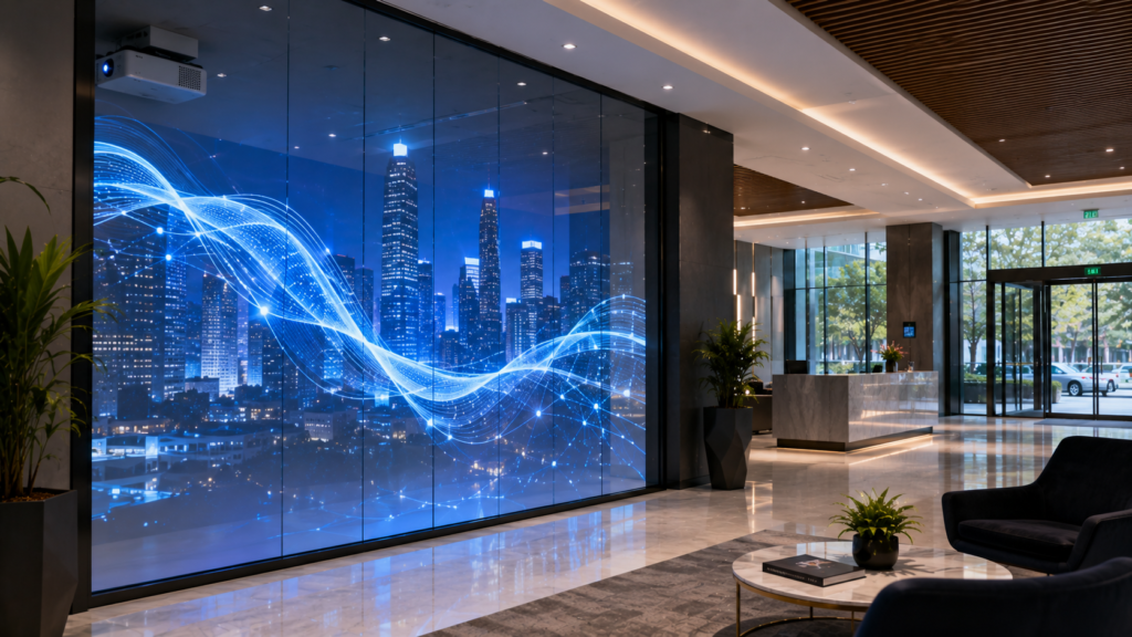 Rear projection film visibility improved on a glass display in a bright commercial lobby