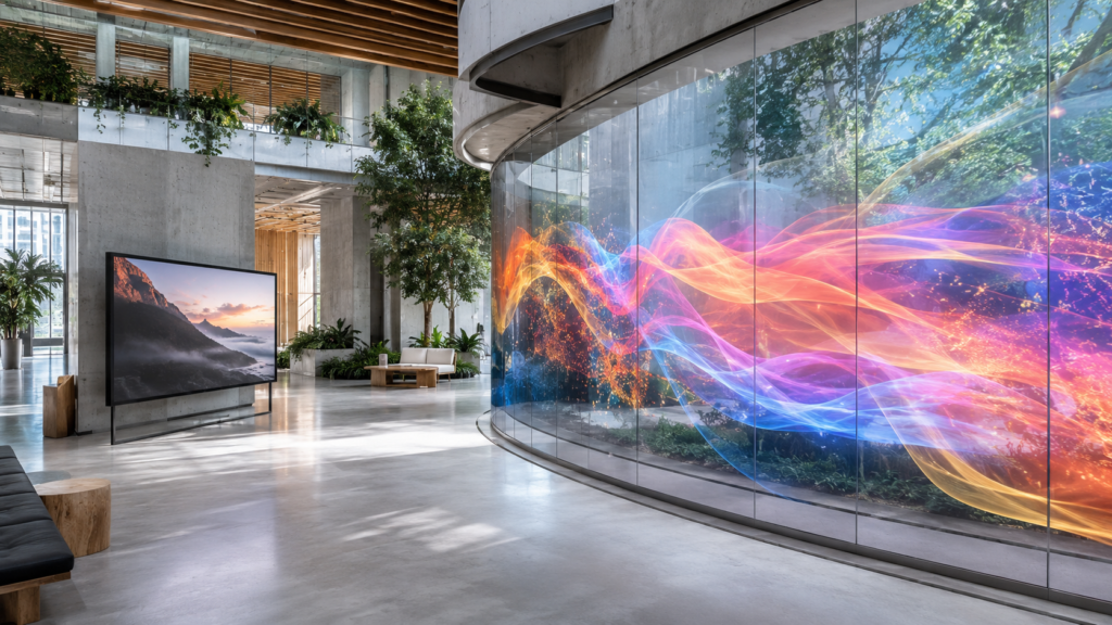 Rear projection film vs traditional screens comparison in a modern commercial lobby with glass projection and digital signage